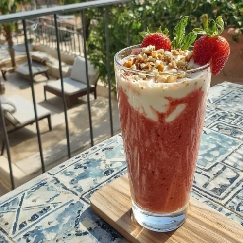Aardbei Rabarber Smoothie met Griekse Yoghurt in een glas