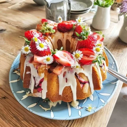 Hemelse marmercake met vanille en aardbei in een prachtige presentatie.